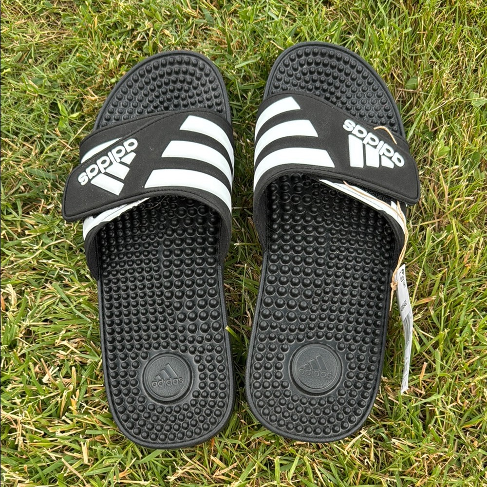 Adidas Black and White Striped Slides